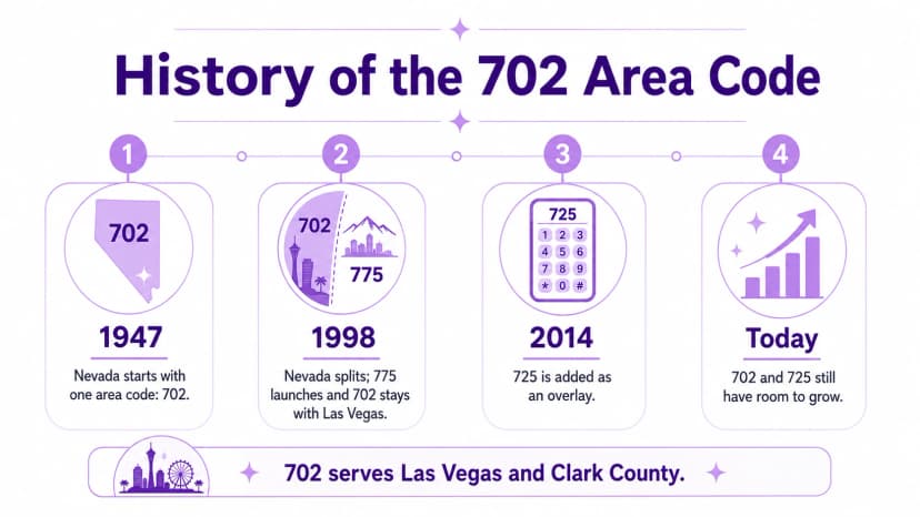 Linha do tempo da história do código de área 702: 1947 Nevada começa com um código de área, 1998 Nevada se divide e 775 é lançado, 2014 725 é adicionado como uma sobreposição, hoje 702 e 725 ainda têm espaço para crescer