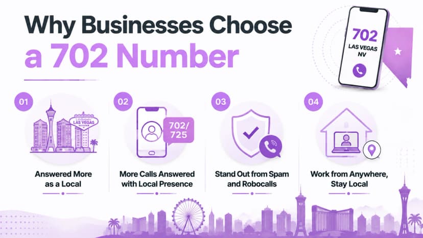 Quatro razões pelas quais as empresas escolhem um número 702: atendem mais como local, mais chamadas atendidas com presença local, destacam-se de spam e chamadas automáticas, trabalham em qualquer lugar e permanecem locais