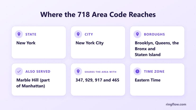 718 alan koduna ilişkin gerçekler grafiği: New York Eyaleti, New York City, Brooklyn, Queens, Bronx ve Staten Island artı Marble Hill, 347, 929, 917 ve 465, Doğu Saati ile paylaşılan