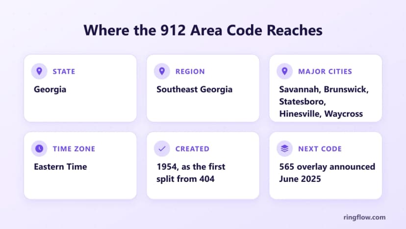 912 alan kodu için bilgi kartı: Georgia, güneydoğu Georgia, büyük şehirler Savannah, Brunswick, Statesboro, Hinesville ve Waycross, Doğu Saati, 1954'te 404'ten ilk bölünme olarak oluşturuldu ve Haziran 2025'te duyurulan 565 katmanı