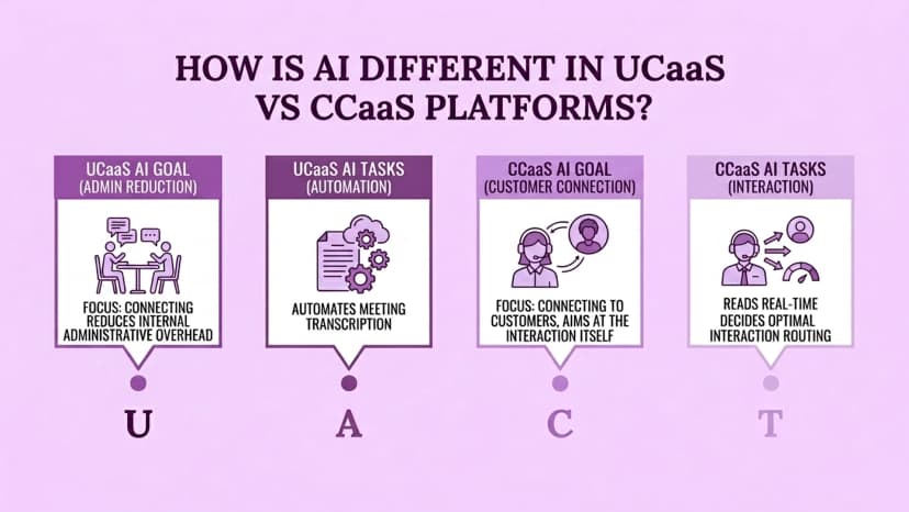 Sơ đồ cho thấy AI khác nhau như thế nào trong nền tảng UCaaS so với CCaaS: UCaaS tập trung vào việc giảm chi phí quản trị nội bộ thông qua tự động hóa, trong khi CCaaS tập trung vào kết nối với khách hàng thông qua định tuyến tương tác theo thời gian thực