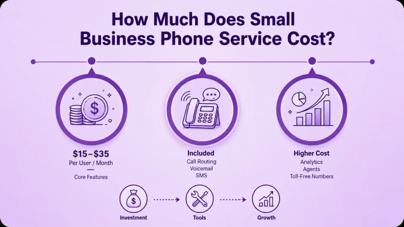 Infográfico mostrando que o serviço telefônico para pequenas empresas custa de US$ 15 a US$ 35 por usuário, por mês, para recursos principais, com custos mais altos para análises, agentes e números gratuitos