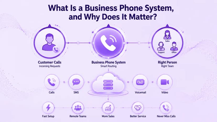 Infográfico mostrando como um sistema telefônico comercial encaminha uma chamada recebida do cliente para o membro certo da equipe por meio de chamadas, SMS, correio de voz e vídeo