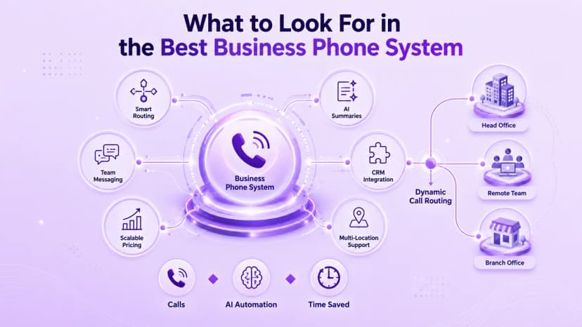 Infográfico de recursos a serem procurados no melhor sistema telefônico comercial para pequenas empresas, incluindo roteamento inteligente, resumos de IA, integração de CRM, mensagens de equipe e suporte multilocal