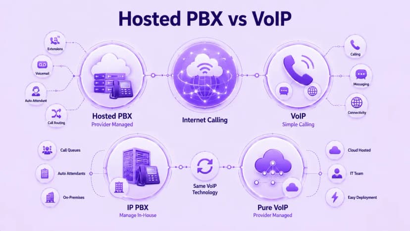 Infographic waarin gehoste PBX versus VoIP en IP PBX versus pure VoIP worden vergeleken, waarbij door de provider beheerde hosting, bellen via internet, oproepwachtrijen en on-premise versus in de cloud gehoste opstellingen worden weergegeven