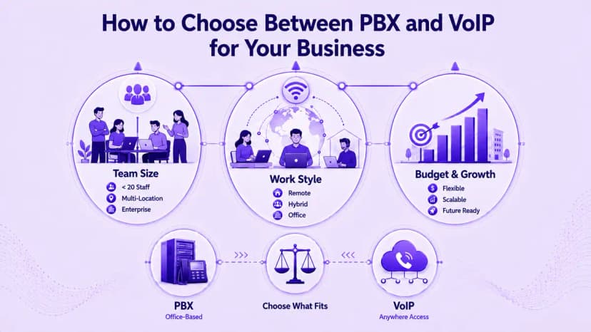 Infographic die laat zien hoe u voor uw bedrijf kunt kiezen tussen PBX en VoIP op basis van teamgrootte, werkstijl, budget en groeiplannen