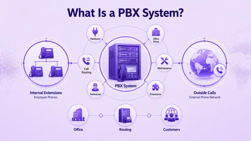 Infographic waarin wordt uitgelegd wat een PBX-systeem is, met interne toestellen, oproeproutering, hardware en externe oproepen die zijn verbonden via een privéfiliaalcentrale