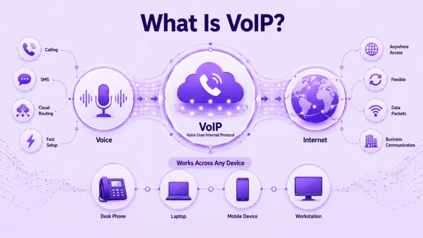 Infographic waarin wordt uitgelegd wat VoIP is, waarin spraak wordt omgezet in datapakketten, cloudroutering via internet en bellen vanaf een bureautelefoon, laptop, mobiel apparaat of werkstation