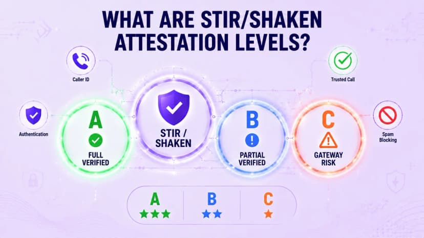 STIR/SHAKEN 認証レベルを比較する図 A 完全検証、B 部分検証、C ゲートウェイのリスク
