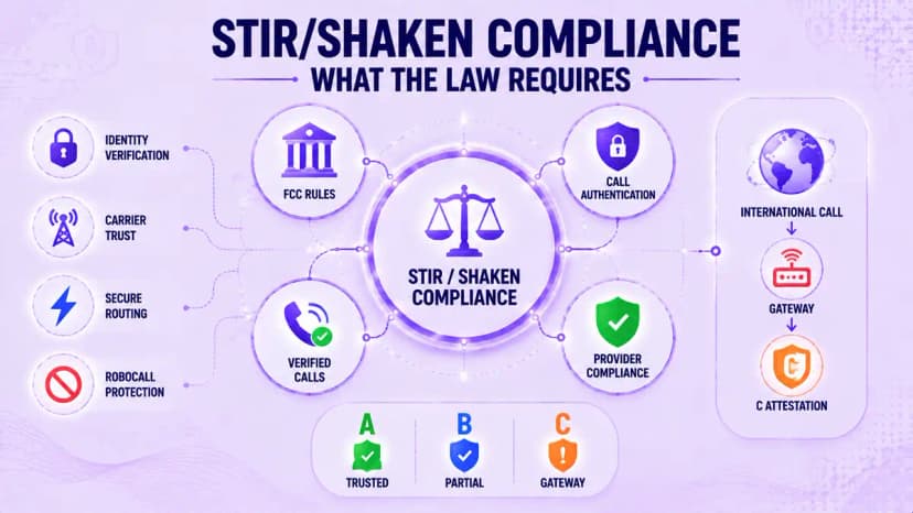 STIR/SHAKEN 準拠要件を示す図: FCC 規則、通話認証、プロバイダー準拠、および国際通話ゲートウェイ認証