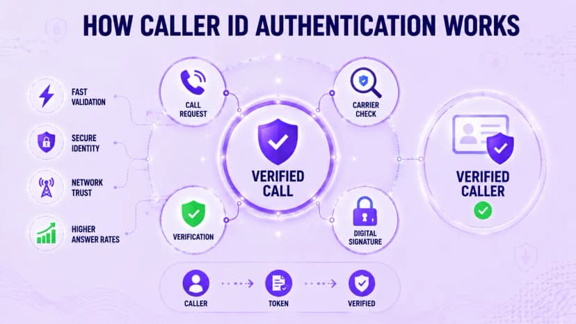 発信者 ID 認証の仕組みを示す図: 通話要求、通信事業者チェック、デジタル署名、確認された発信者