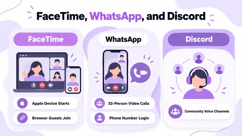 三个应用程序卡：FaceTime（从 Apple 设备启动并通过浏览器来宾加入）、WhatsApp（可进行 32 人视频通话和电话号码登录）以及 Discord（具有社区语音频道）
