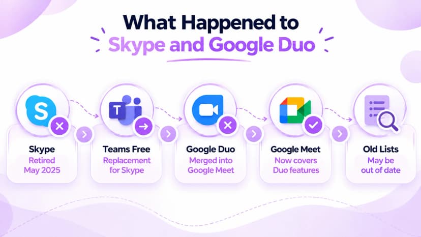 流程从 Skype（于 2025 年 5 月退役）到 Teams Free 作为其替代品，以及从 Google Duo 合并到 Google Meet，并注明旧列表可能已过时