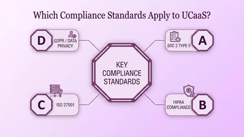 Diagrama mostrando os principais padrões de conformidade UCaaS: SOC 2 Tipo II, conformidade HIPAA, ISO 27001 e privacidade de dados GDPR