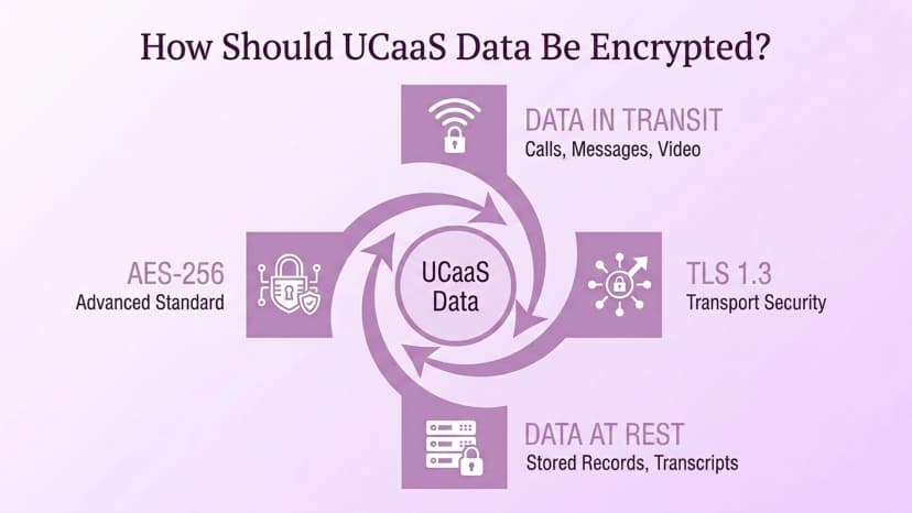 Diagrama mostrando métodos de criptografia de dados UCaaS: TLS 1.3 para dados em trânsito e AES-256 para dados em repouso