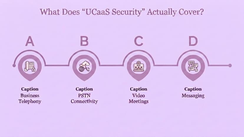 Diagrama mostrando os quatro componentes que a segurança UCaaS cobre: ​​telefonia empresarial, conectividade PSTN, videoconferências e mensagens