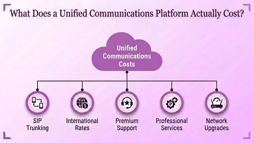 Diagramma che mostra il costo effettivo di una piattaforma di comunicazione unificata: trunking SIP, tariffe internazionali, supporto premium, servizi professionali e aggiornamenti di rete