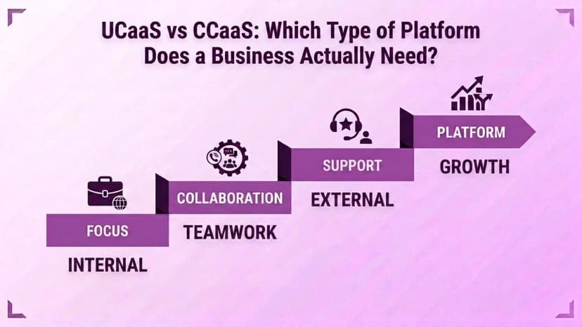Diagramma in contrasto con UCaaS, incentrato sulla collaborazione interna e sul lavoro di squadra, con CCaaS, incentrato sul supporto esterno e sulla crescita della piattaforma