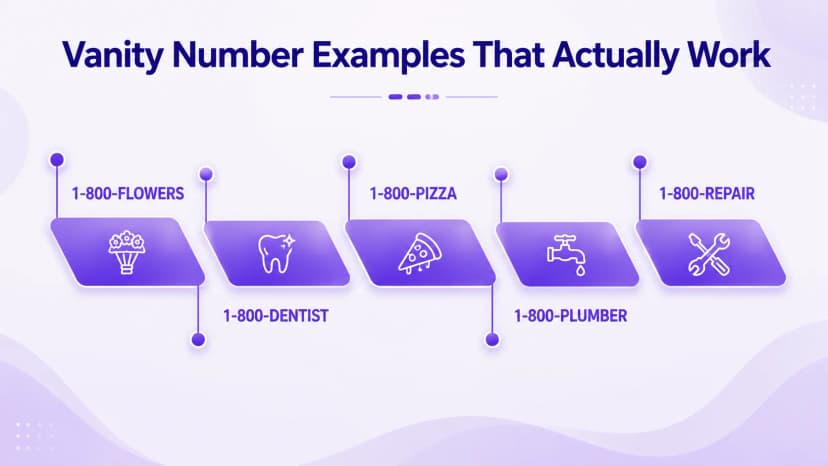 Esempi di numeri vanità: 1-800-FIORI, 1-800-DENTISTA, 1-800-PIZZA, 1-800-IDRAULICO, 1-800-RIPARAZIONE