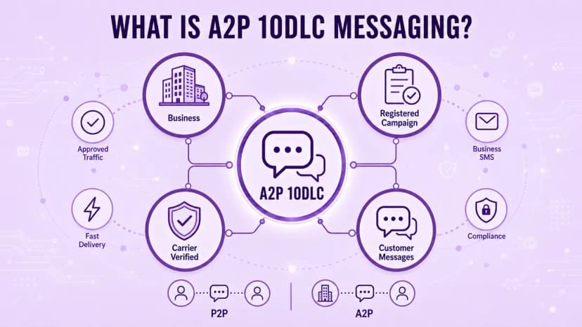 Diagram showing what A2P 10DLC messaging is, comparing person-to-person and application-to-person texts and how carriers verify registered business traffic
