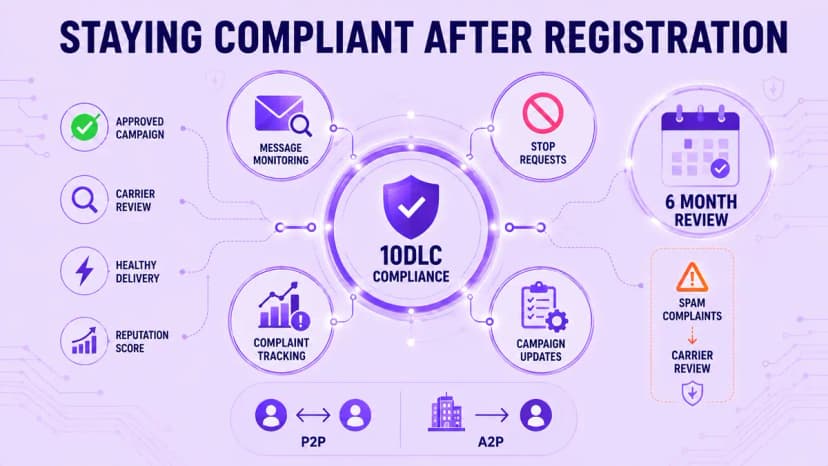 Diagram showing how to stay 10DLC compliant after registration: message monitoring, stop requests, complaint tracking, campaign updates, and a 6-month review