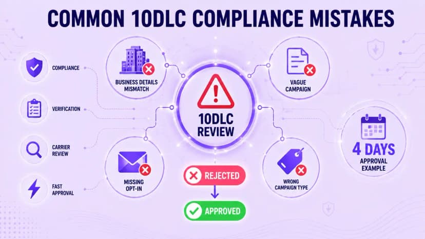 Diagram of common 10DLC compliance mistakes: business details mismatch, vague campaign, missing opt-in, and wrong campaign type that lead to rejection