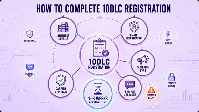 Diagram showing how to complete 10DLC registration: business details, brand registration, campaign type, carrier approval, and 1-3 weeks approval time