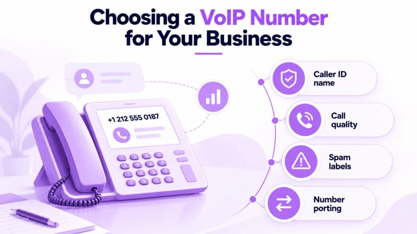 Desk phone beside four checks for choosing a VoIP number: caller ID name, call quality, spam labels, and number porting