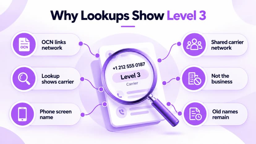 Six reasons a lookup shows Level 3: the OCN links the network, the lookup shows the carrier, the phone screen name differs, the carrier network is shared, it is not the business, and old names remain