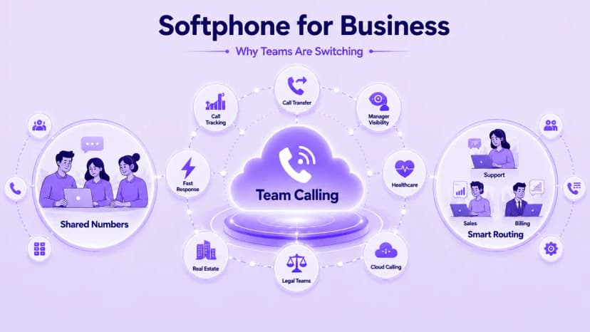 Infographic showing why teams switch to softphone for business, including shared numbers, call transfer, manager visibility, smart routing, and use cases in healthcare, real estate, and legal