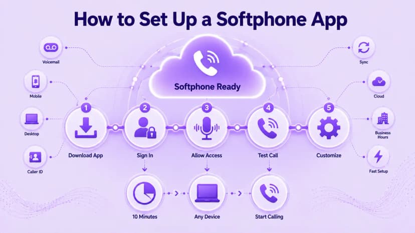 Infographic of the 5 steps to set up a softphone app: download the app, sign in, allow microphone access, test a call, and customize settings