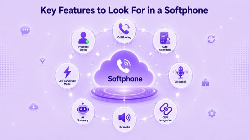 Infographic of key softphone features to look for, including call routing, auto attendant, voicemail, CRM integration, HD audio, low bandwidth mode, AI summary, and presence status
