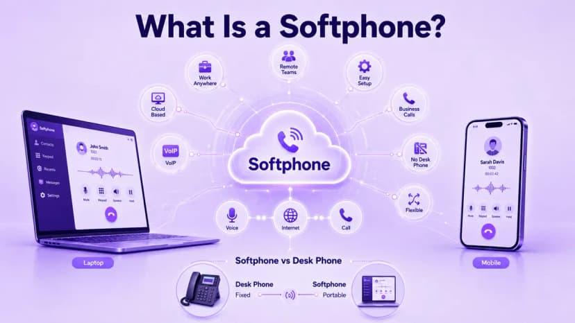 Infographic explaining what a softphone is, showing VoIP calling on a laptop and mobile device plus a softphone vs desk phone comparison
