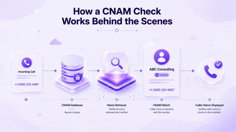 Come funziona un controllo CNAM: chiamata in entrata, ricerca nel database CNAM, recupero del nome e visualizzazione del nome del chiamante verificato