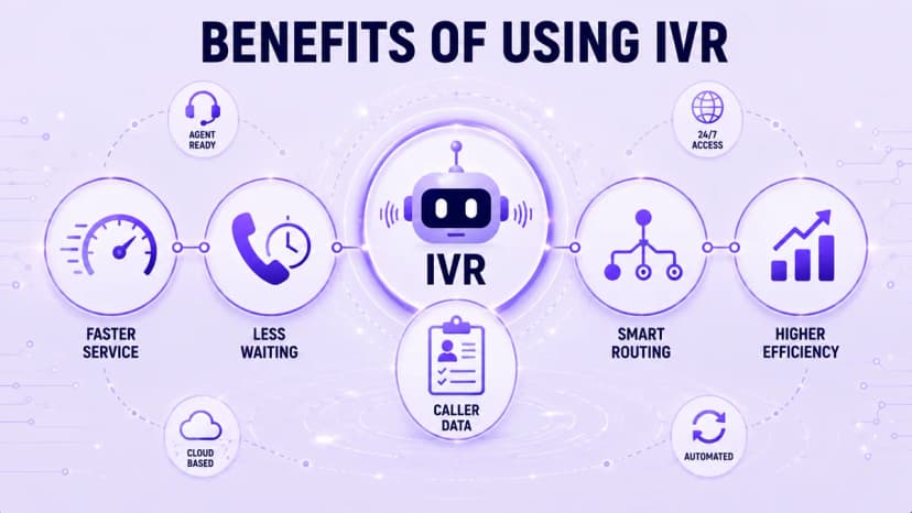 Benefits of using IVR: faster service, less waiting, caller data, smart routing, higher efficiency, agent ready, 24/7 access, and automation