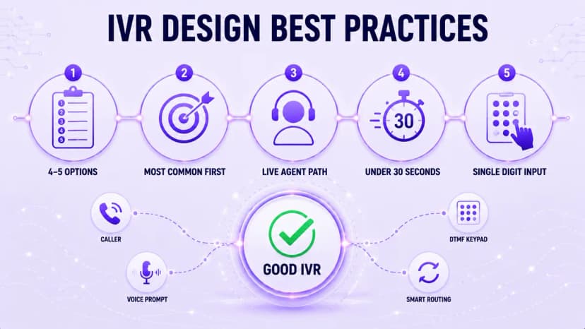 Five IVR design best practices: 4-5 options, most common first, live agent path, under 30 seconds, and single digit input