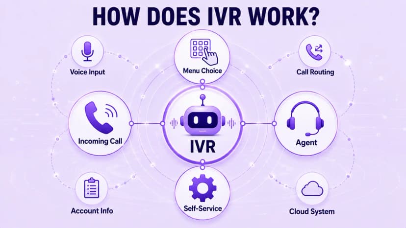 Diagram showing how IVR works: incoming call, voice input or menu choice, self-service or agent routing, account info, and cloud system