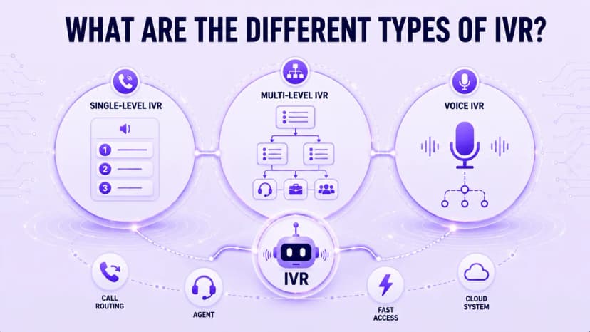 Diagram comparing single-level IVR, multi-level IVR, and voice IVR, connected to call routing, agent, fast access, and cloud system