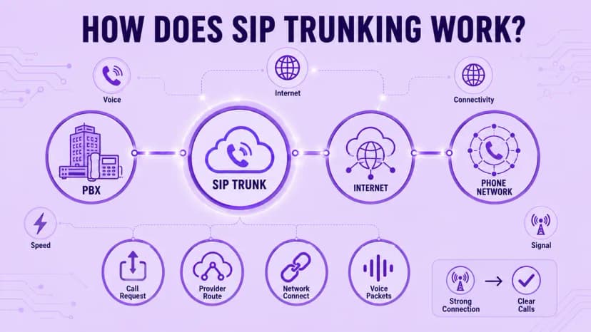 SIP トランキングが通話要求を PBX からインターネット経由で電話ネットワークにルーティングし、クリアな通話を実現する方法を示す図