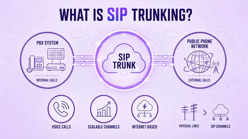 内線通話用の PBX システムを外線通話用の公衆電話網に接続する SIP トランクを示す図