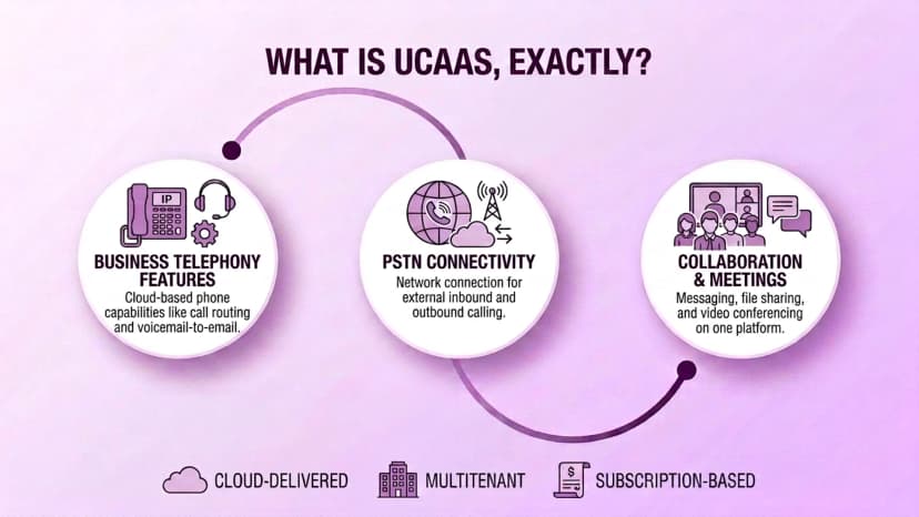 Diagramm, das zeigt, was UCaaS genau ist: Geschäftstelefoniefunktionen, PSTN-Konnektivität sowie Zusammenarbeit und Besprechungen, alles über die Cloud bereitgestellt und auf Abonnementbasis