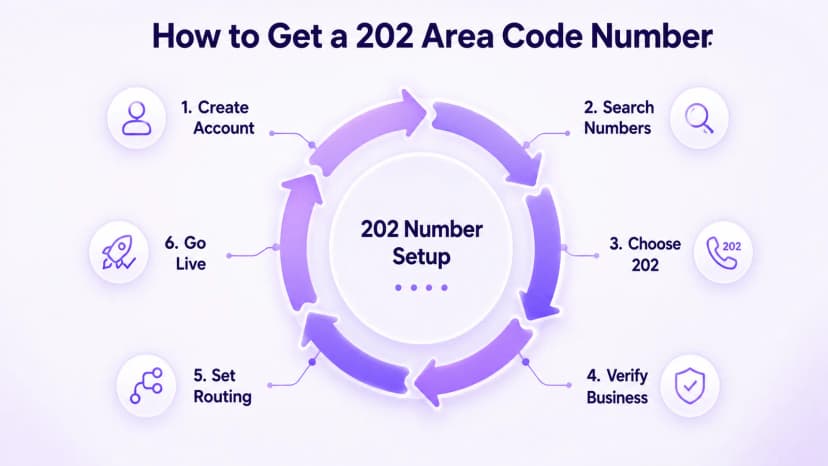 Een netnummer 202 verkrijgen: account aanmaken, nummers zoeken, 202 kiezen, bedrijf verifiëren, route instellen, live gaan