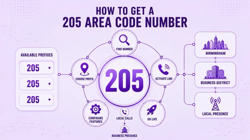 Stappen om een netnummer 205 te krijgen: zoek een nummer, kies een voorvoegsel, configureer functies en activeer de lijn voor Birmingham of het zakendistrict