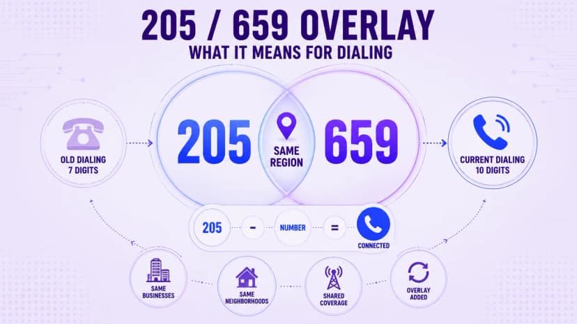 Diagram met uitleg over de 205/659-overlay en toont de verschuiving van het oude bellen met 7 cijfers naar het huidige bellen met 10 cijfers voor dezelfde regio