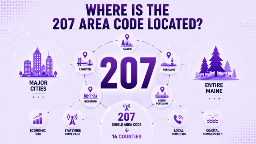Kaart met het netnummer 207 dat heel Maine bestrijkt, inclusief Bangor, Lewiston, Portland, South Portland en Biddeford in 16 provincies