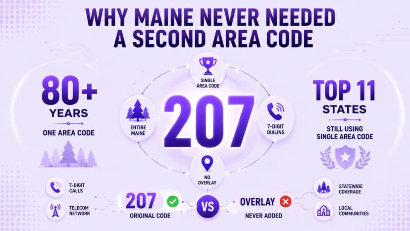 Diagram dat Maine laat zien als een van de slechts elf Amerikaanse staten die na meer dan 80 jaar nog steeds één enkel netnummer gebruiken, zonder overlay en met zeven cijfers