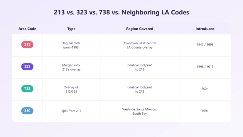 213 vs. 323 vs. 738 vs. 近隣の LA コード