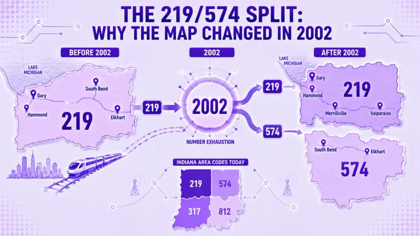 Kaart waarin de netnummerdekking van Indiana voor en na de 219/574-splitsing van 2002 wordt vergeleken