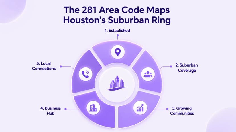 Het netnummer 281 brengt de voorstedelijke ring van Houston in kaart, inclusief Sugar Land, Pearland en The Woodlands