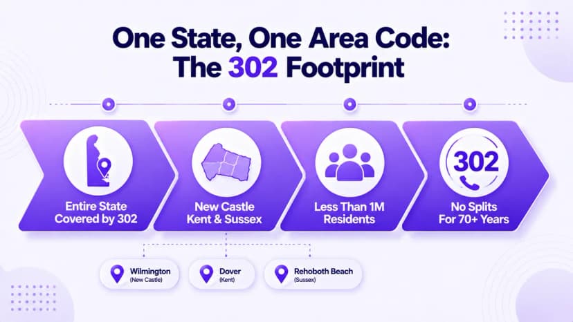 Infographic met het netnummer 302 dat heel Delaware bestrijkt: de provincies New Castle, Kent en Sussex, minder dan 1 miljoen inwoners, al meer dan 70 jaar geen splitsingen